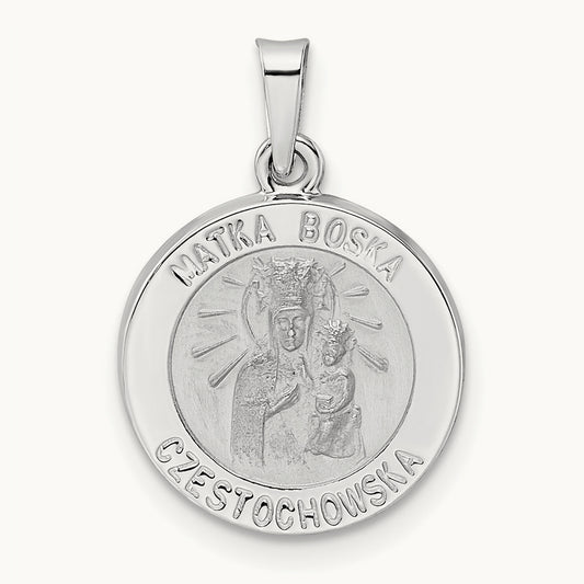Polished and Satin Hollow Matka Boska Medal Pendant, 14K White Gold