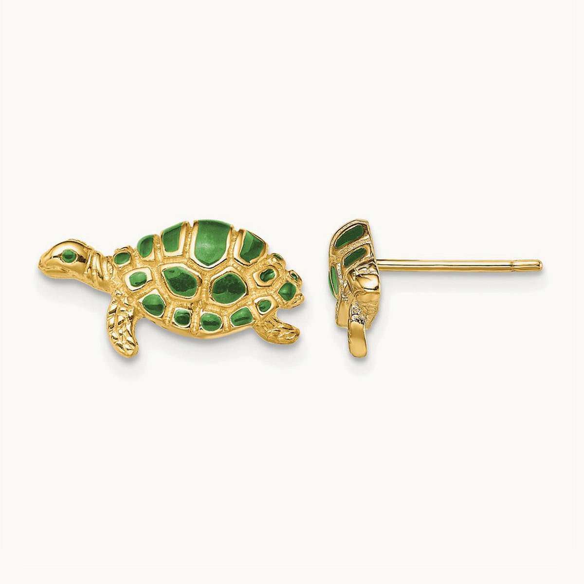 Green Enamel Turtle Post Earrings, 14K
