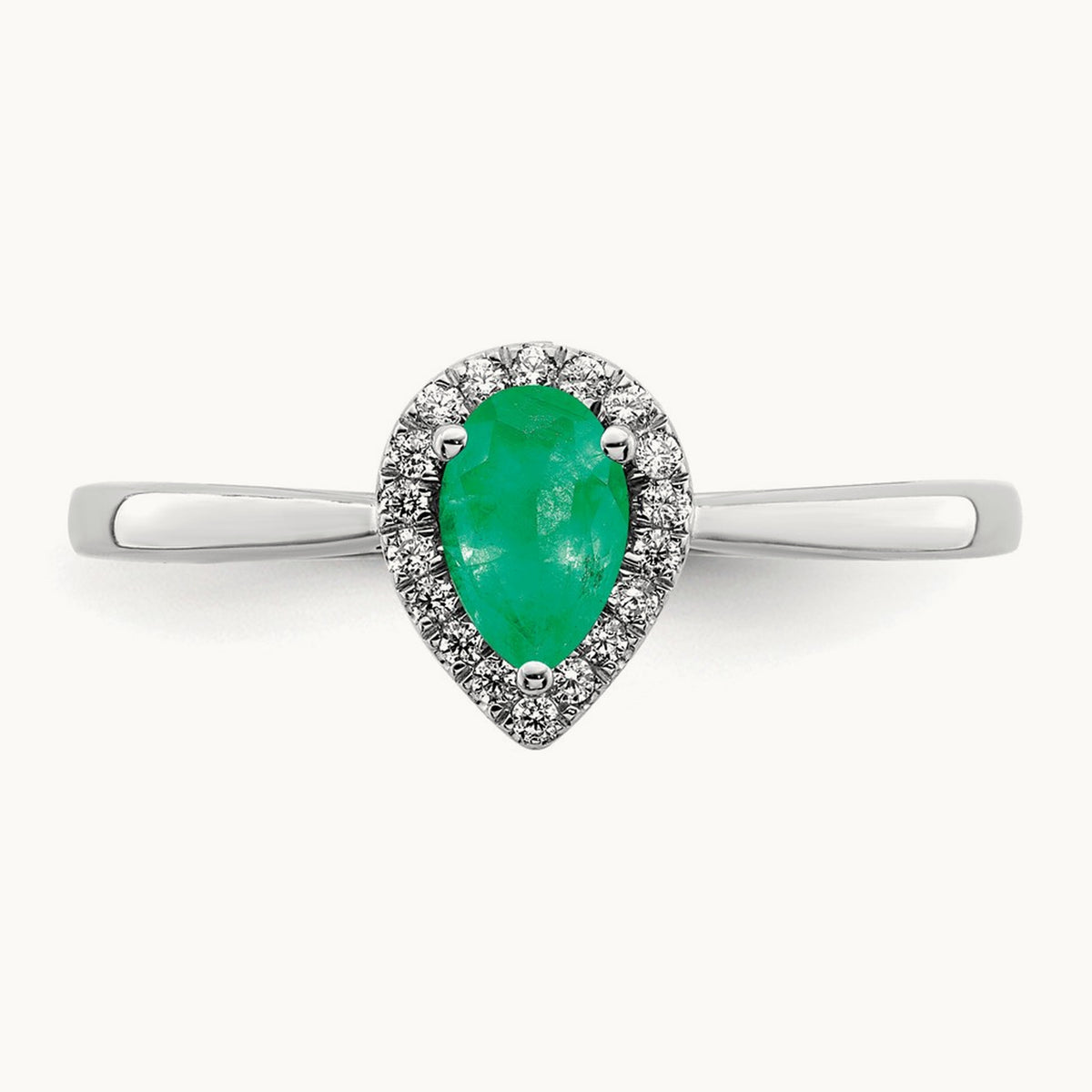 Pear Emerald and Diamond Halo Ring, 14K White Gold