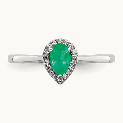 Pear Emerald and Diamond Halo Ring, 14K White Gold