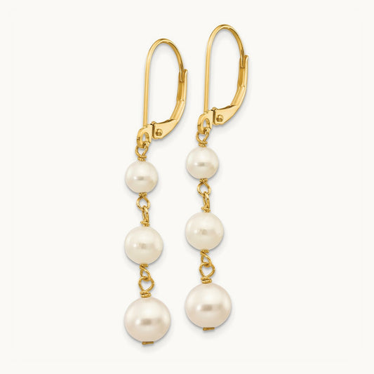 4- White Semi-round FW Cultured Pearl Graduated Leverback Earrings, 6mm, 14K