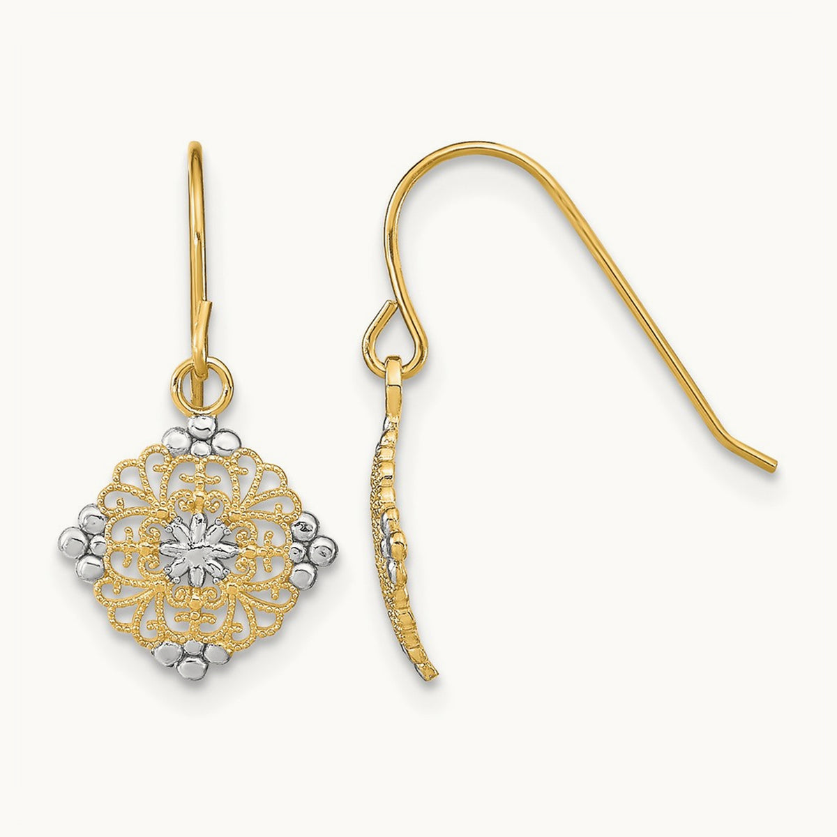 w/Rhodium D/C Center Mini Filigree Medallion Earrings, 14K