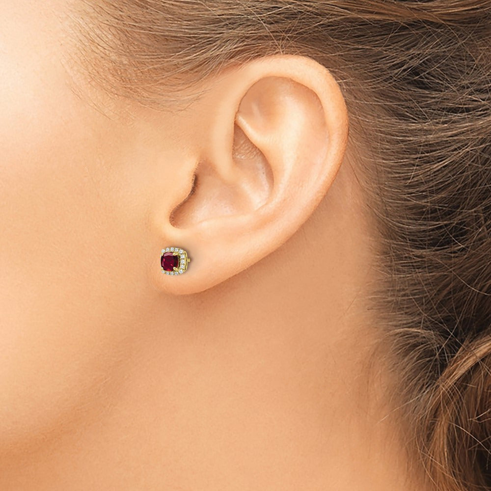 Created Ruby Square Halo Post Earrings, 0.10 ct tw Lab-Grown Diamond — 10K Yellow Gold