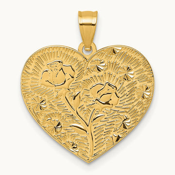 Polished and Textured Flower Rose Mother's Love Heart Pendant, 14K