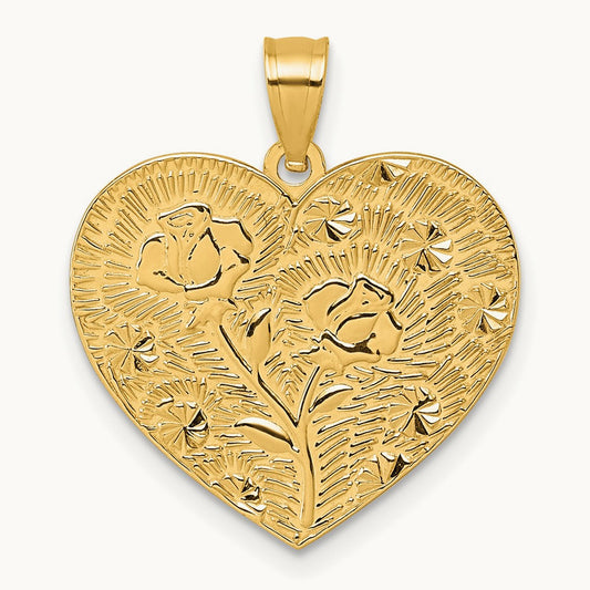 Polished and Textured Flower Rose Mother's Love Heart Pendant, 14K