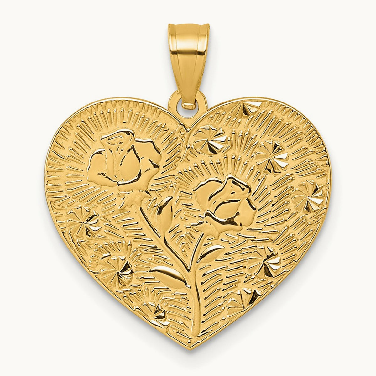 Polished and Textured Flower Rose Mother's Love Heart Pendant, 14K