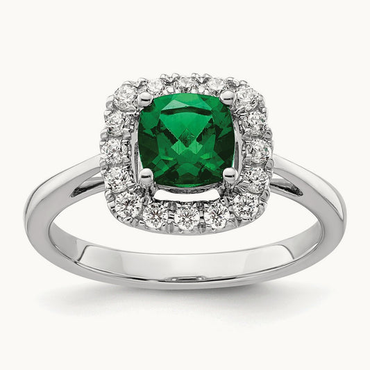 May Birthstone Created Emerald Halo Ring, 0.25 ct tw Lab-Grown Diamond