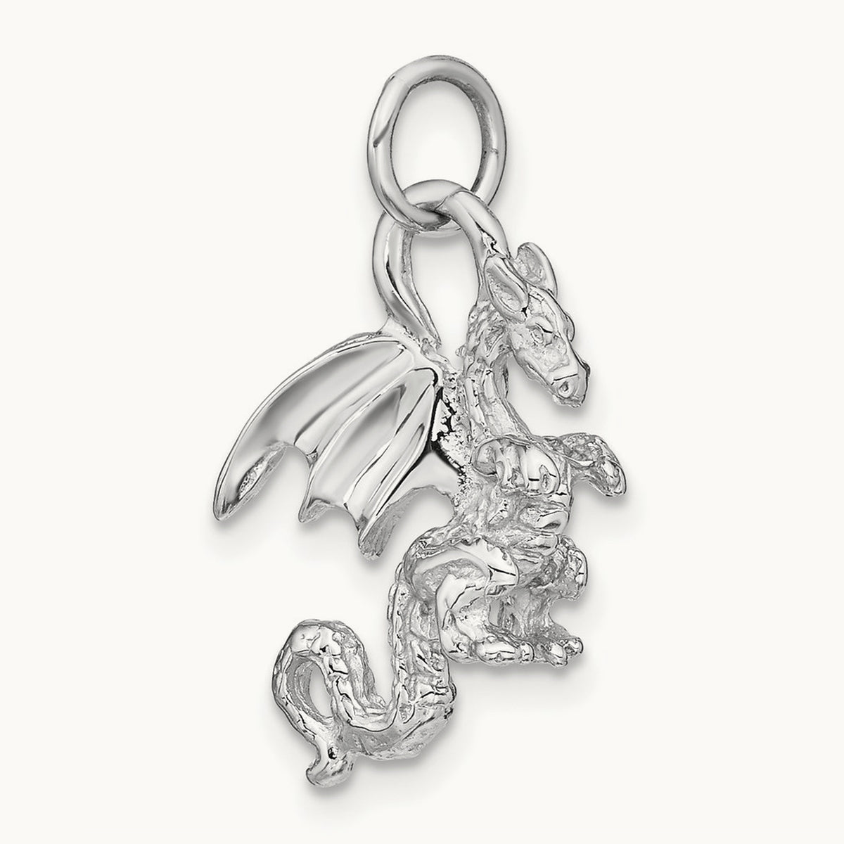 Solid Polished 3-D Dragon Charm — 14K White Gold