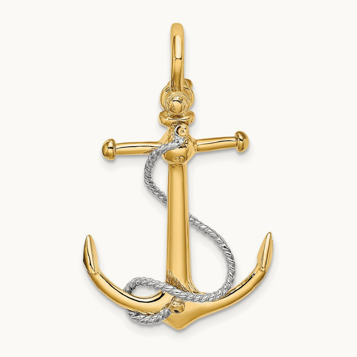 3-D Anchor w/T Bar and Rope w/Shackle Bail Charm, 14K Two-tone