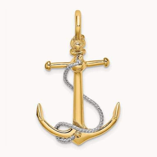 3-D Anchor w/T Bar and Rope w/Shackle Bail Charm, 14K Two-tone