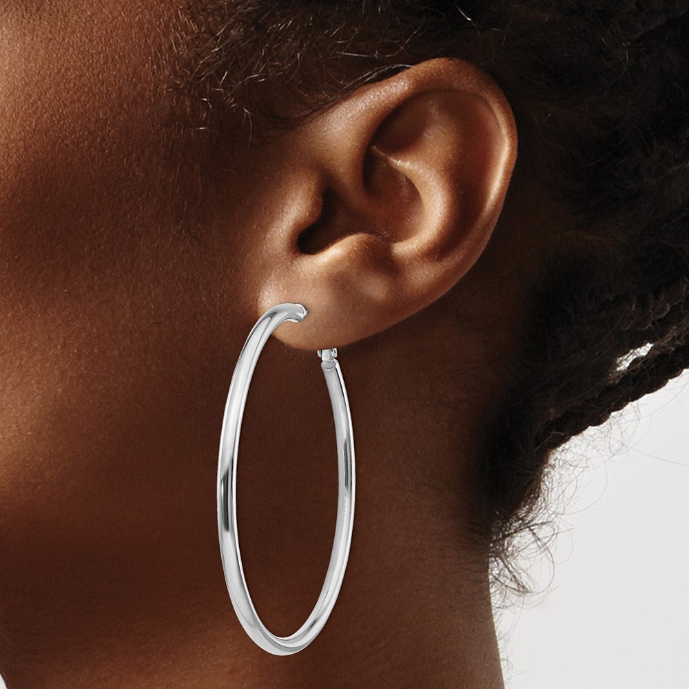 Polished Round Omega Back Hoop Earrings — 14K White Gold, 3x57mm
