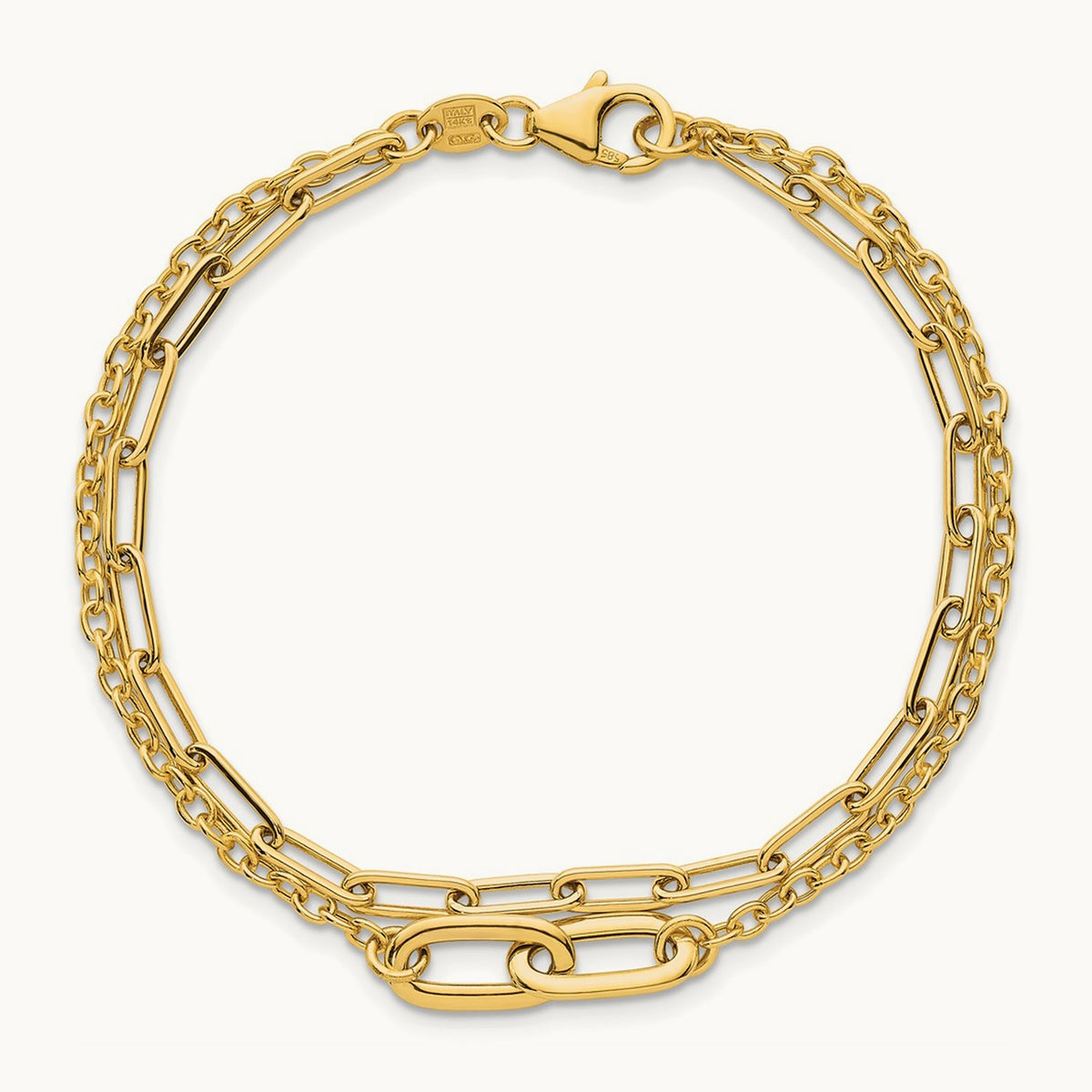 Polished Paperclip Double Strand 7.5in Bracelet, 14K