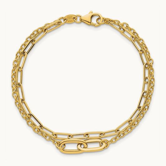 Polished Paperclip Double Strand 7.5in Bracelet, 14K
