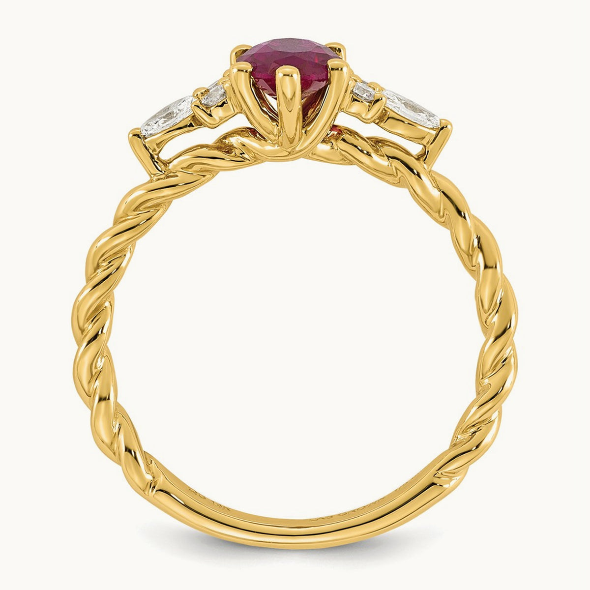 Polished Diamond and Lab Created Ruby Twisted Ring — 14K Yellow Gold