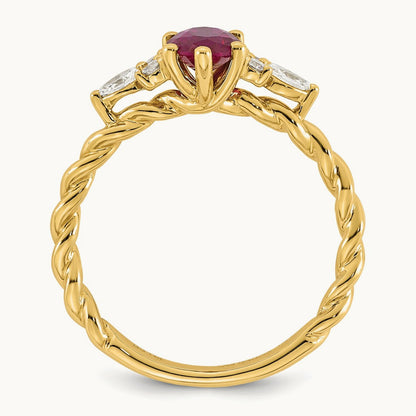 Polished Diamond and Lab Created Ruby Twisted Ring — 14K Yellow Gold