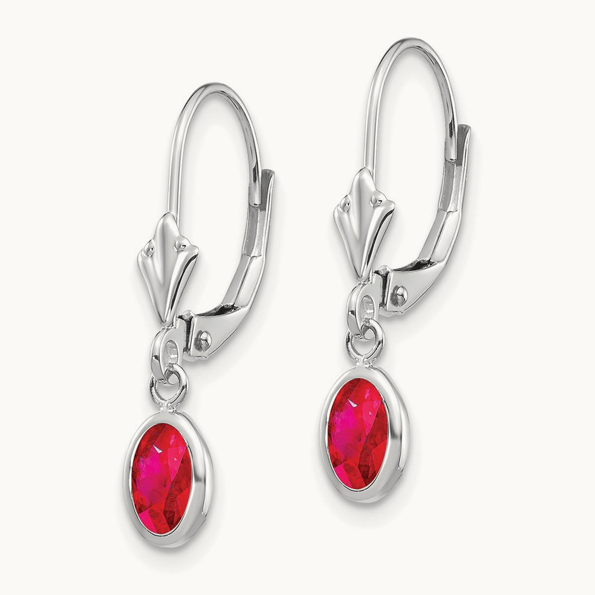 6x4 Oval Bezel July/Ruby Leverback Earrings — 14K White Gold