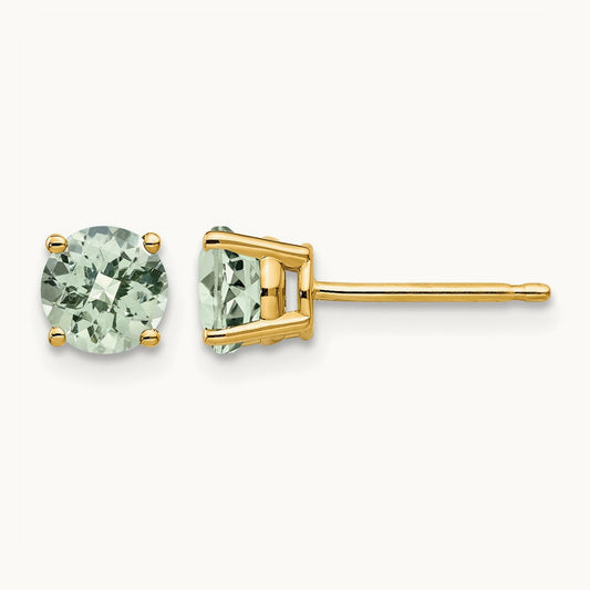 Round Checker-Cut Green Quartz Earrings, 5mm, 14K