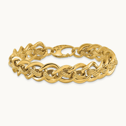Polished and Textured Fancy Link Bracelet, 14K