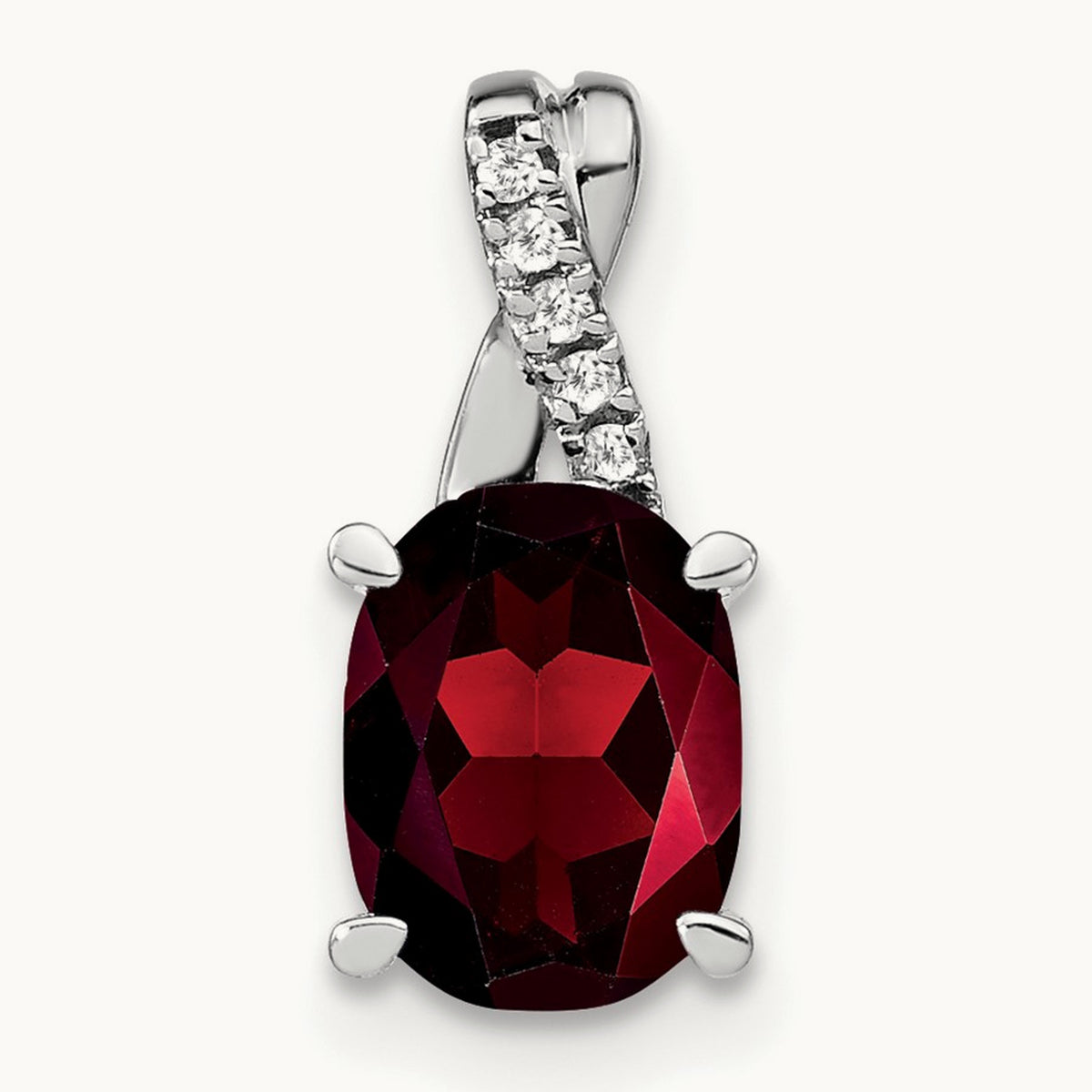 Oval Garnet and Diamond Pendant — 14K White Gold