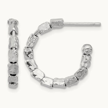 Rh-plated Polished/Hammered J-Hoop Post Earrings, Sterling Silver — Leslie's