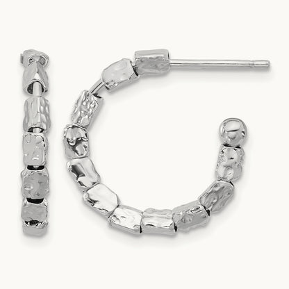 Rh-plated Polished/Hammered J-Hoop Post Earrings, Sterling Silver — Leslie's