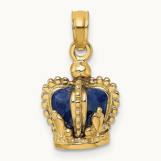 3-D w/ Blue Enamel Inside Crown Charm, 14K