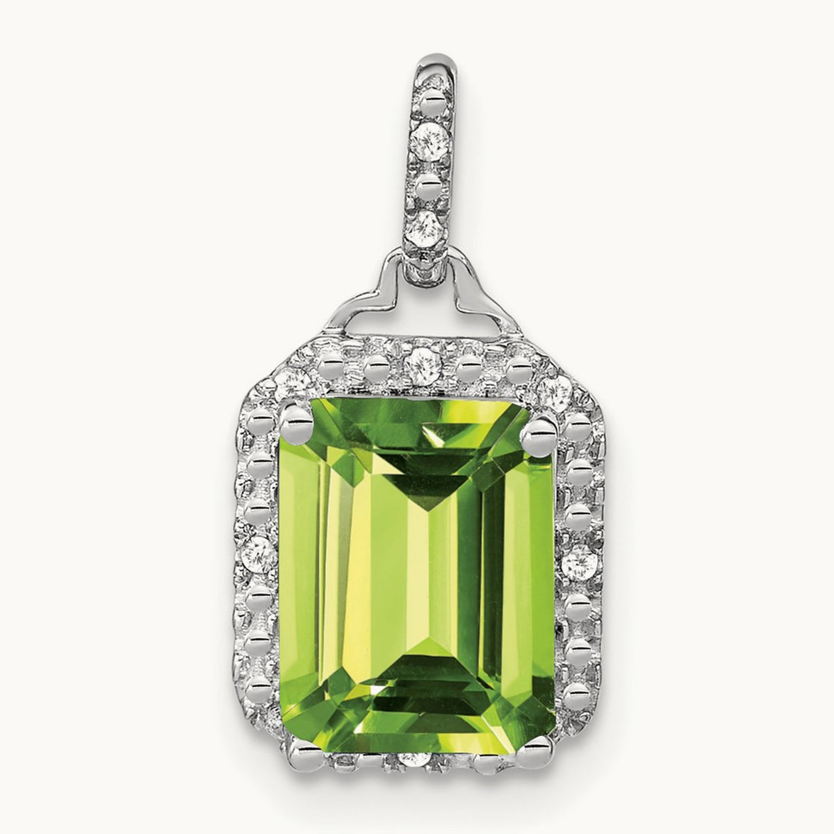 Emerald-cut Peridot and Diamond Halo Pendant, 14K White Gold