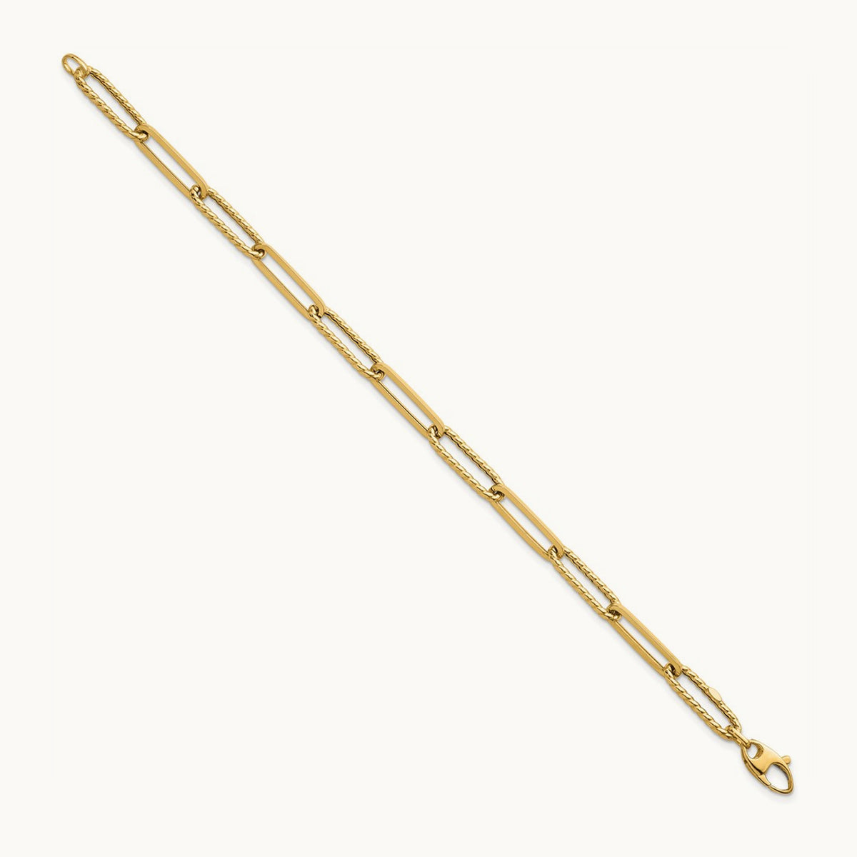 Polished and Textured 7.5in Paperclip Link Bracelet, 14K