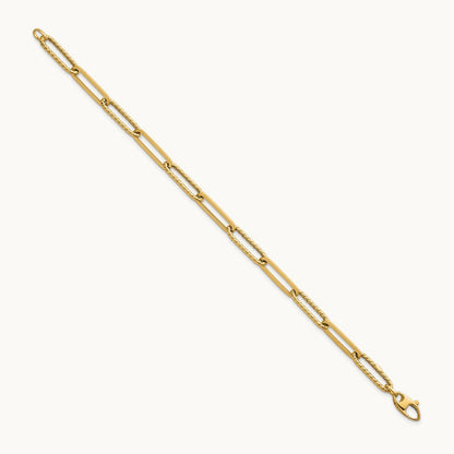 Polished and Textured 7.5in Paperclip Link Bracelet, 14K