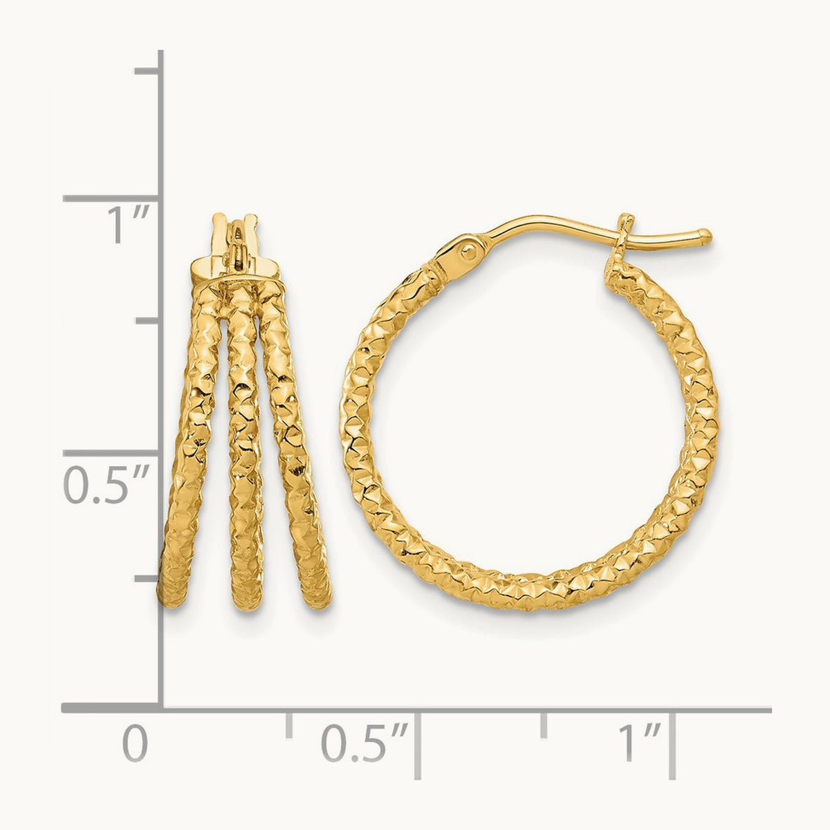 Polished and Textured Three Row Hoop Post Earrings, 14K — Leslie's