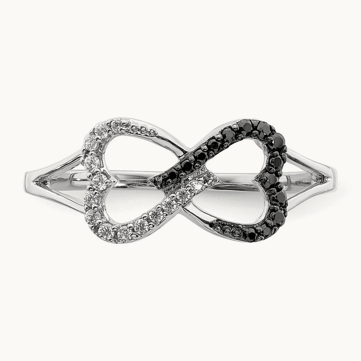 Black and White Diamond Infinity Heart Ring, 14K White Gold