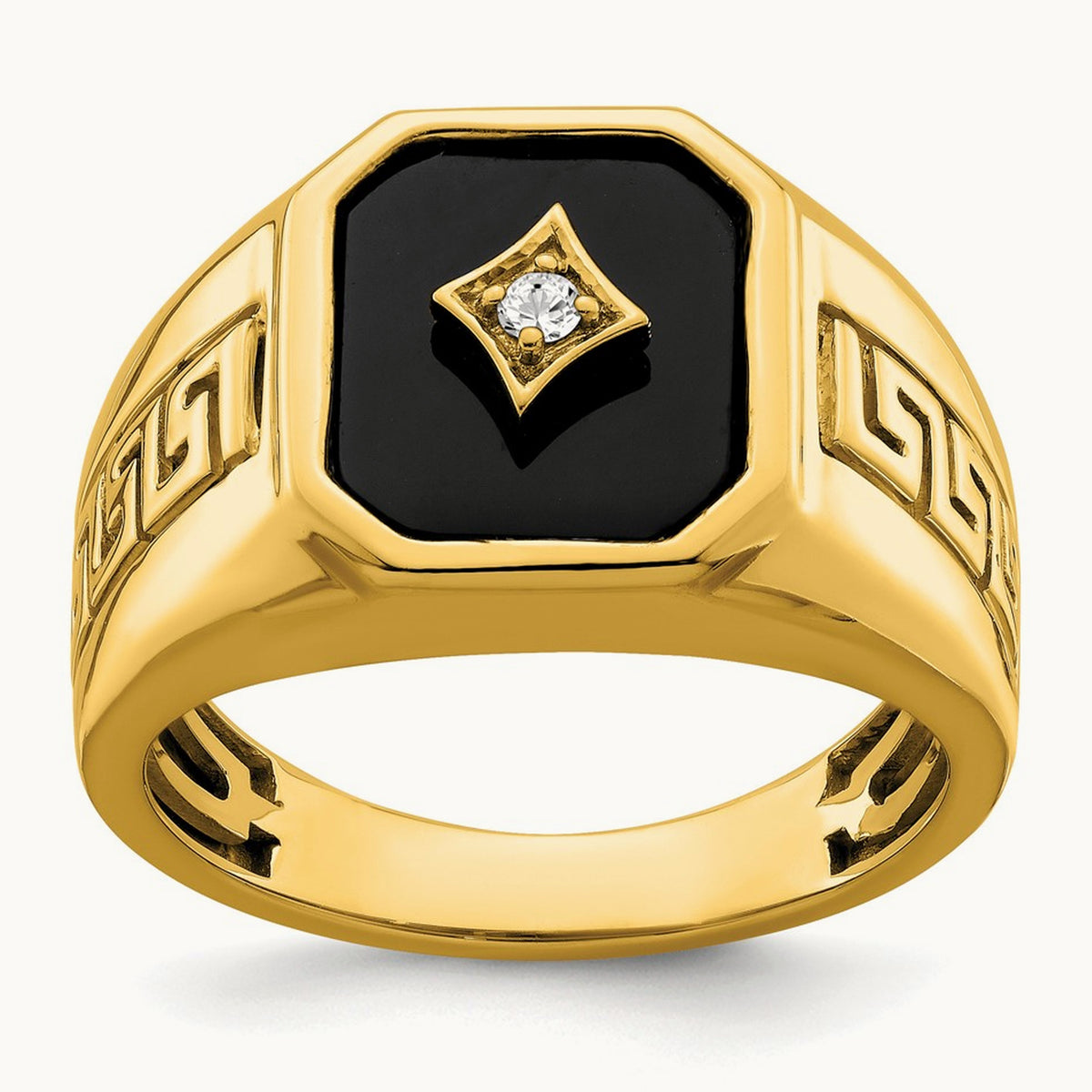 Onyx and Diamond Greek Key Design Mens Ring, 14K