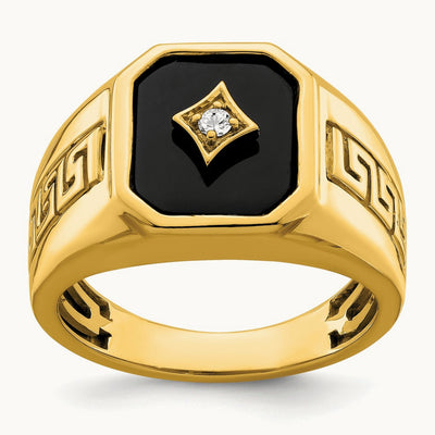 Onyx and Diamond Greek Key Design Mens Ring, 14K