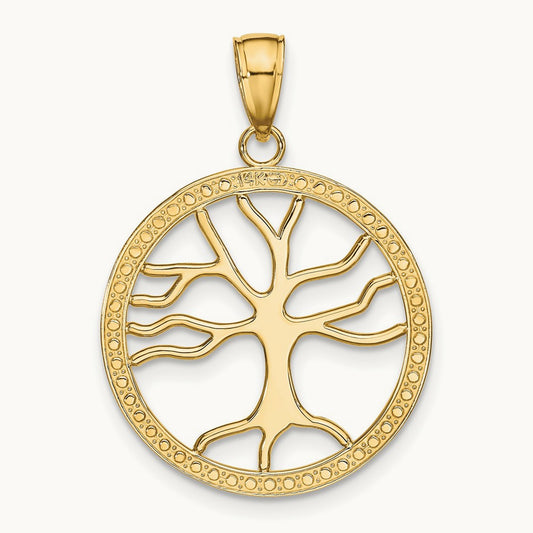 Large Tree Of Life In Round Frame Charm — 14K Yellow Gold