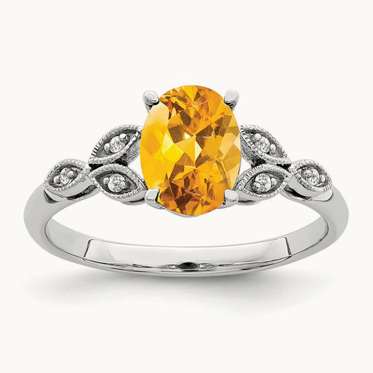 Oval Citrine and Diamond Ring, 14K White Gold