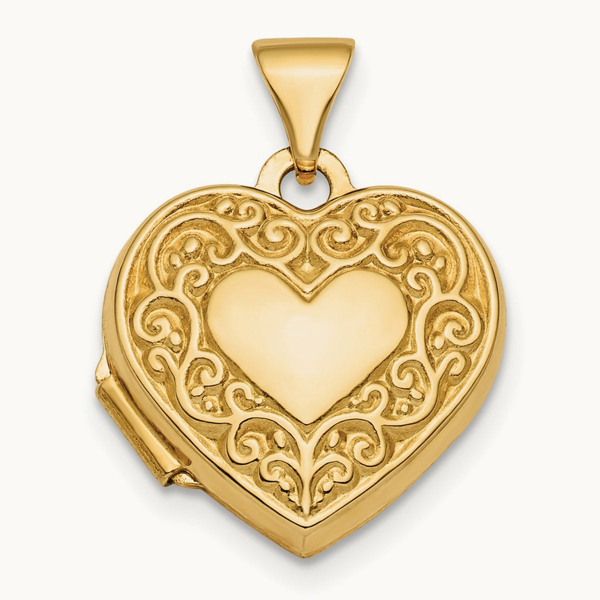 Polished Fancy Scroll Design Reversible Heart Locket, 15mm, 14K