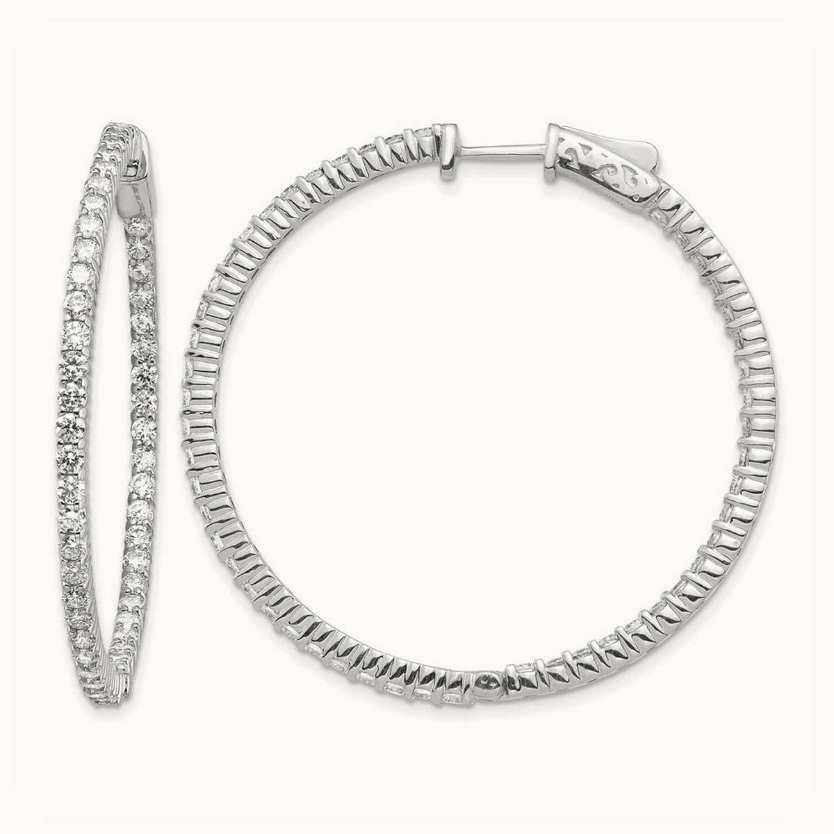 Diamond Round Hoop w/Safety Clasp Earrings, 14K White Gold