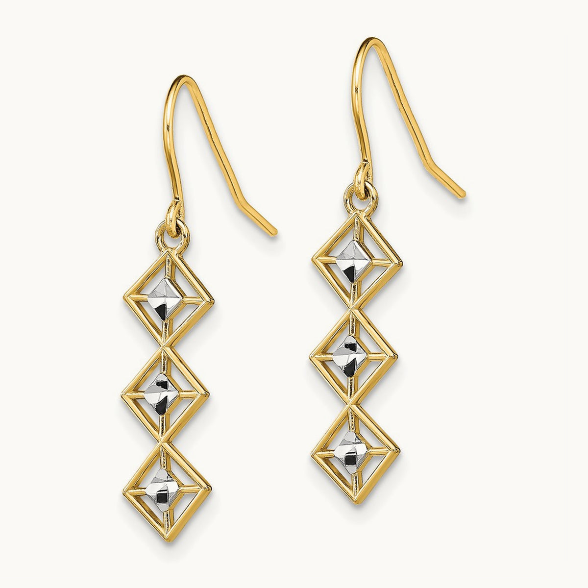 w/Rhodium Fancy Diamond-cut Dangle Wire Earrings, 14K