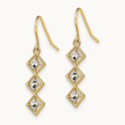 w/Rhodium Fancy Diamond-cut Dangle Wire Earrings, 14K
