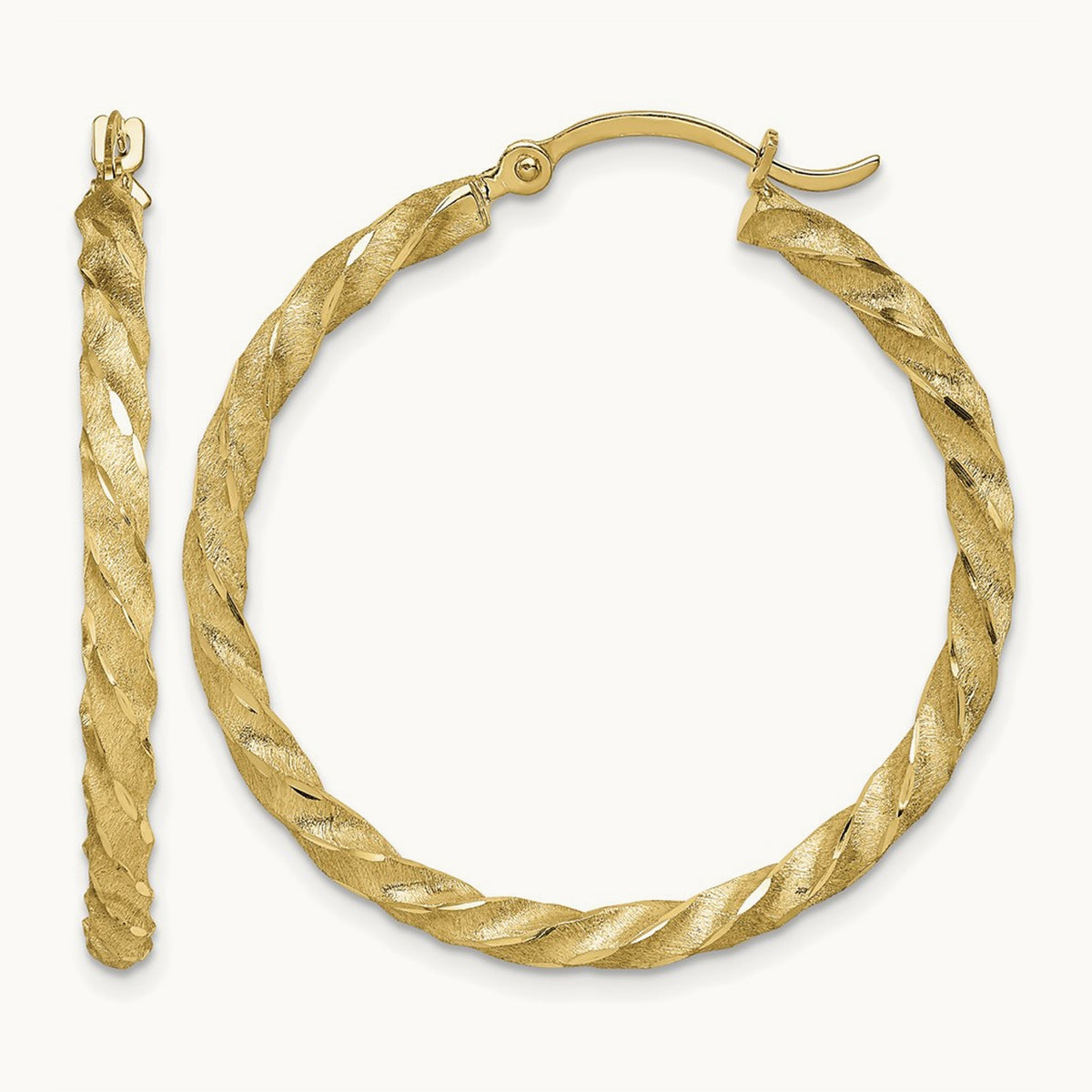 Twisted Satin Diamond-Cut Hoop Earrings — 14K Yellow Gold, 33.5mm