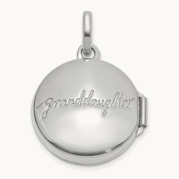 Polished Floral GRANDDAUGHTER Reversible Round Locket, 16mm, 14K White Gold