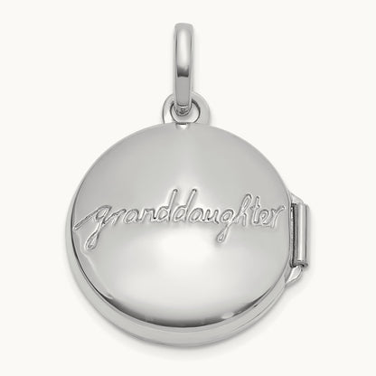 Polished Floral GRANDDAUGHTER Reversible Round Locket, 16mm, 14K White Gold