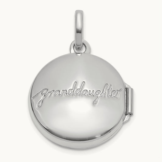 Polished Floral GRANDDAUGHTER Reversible Round Locket, 16mm, 14K White Gold
