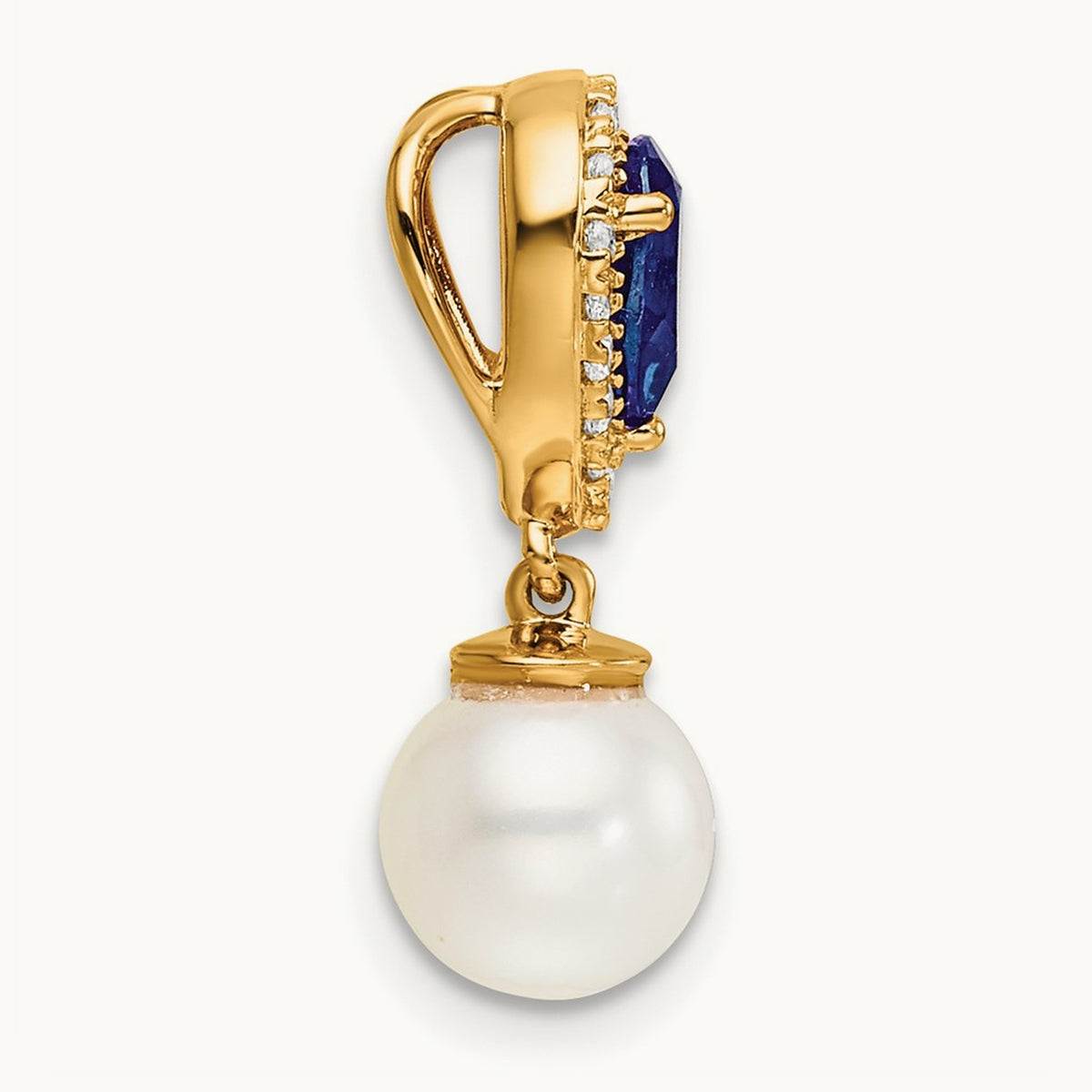 Polished Diamond Pearl and Sapphire Teardrop Chain Slide, 14K