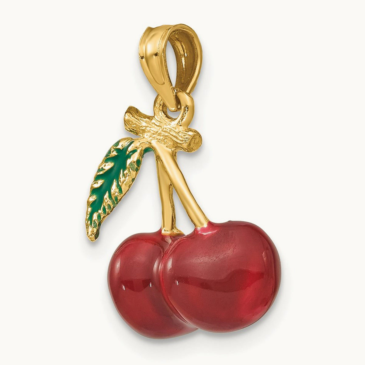 3-D Enamel Cherries W/ Leaf Charm, 14K