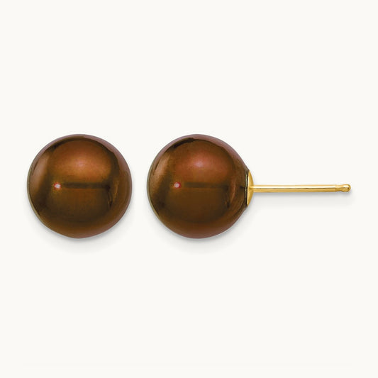 9- Brown Round Freshwater Cultured Pearl Stud Post Earrings, 10mm, 14K