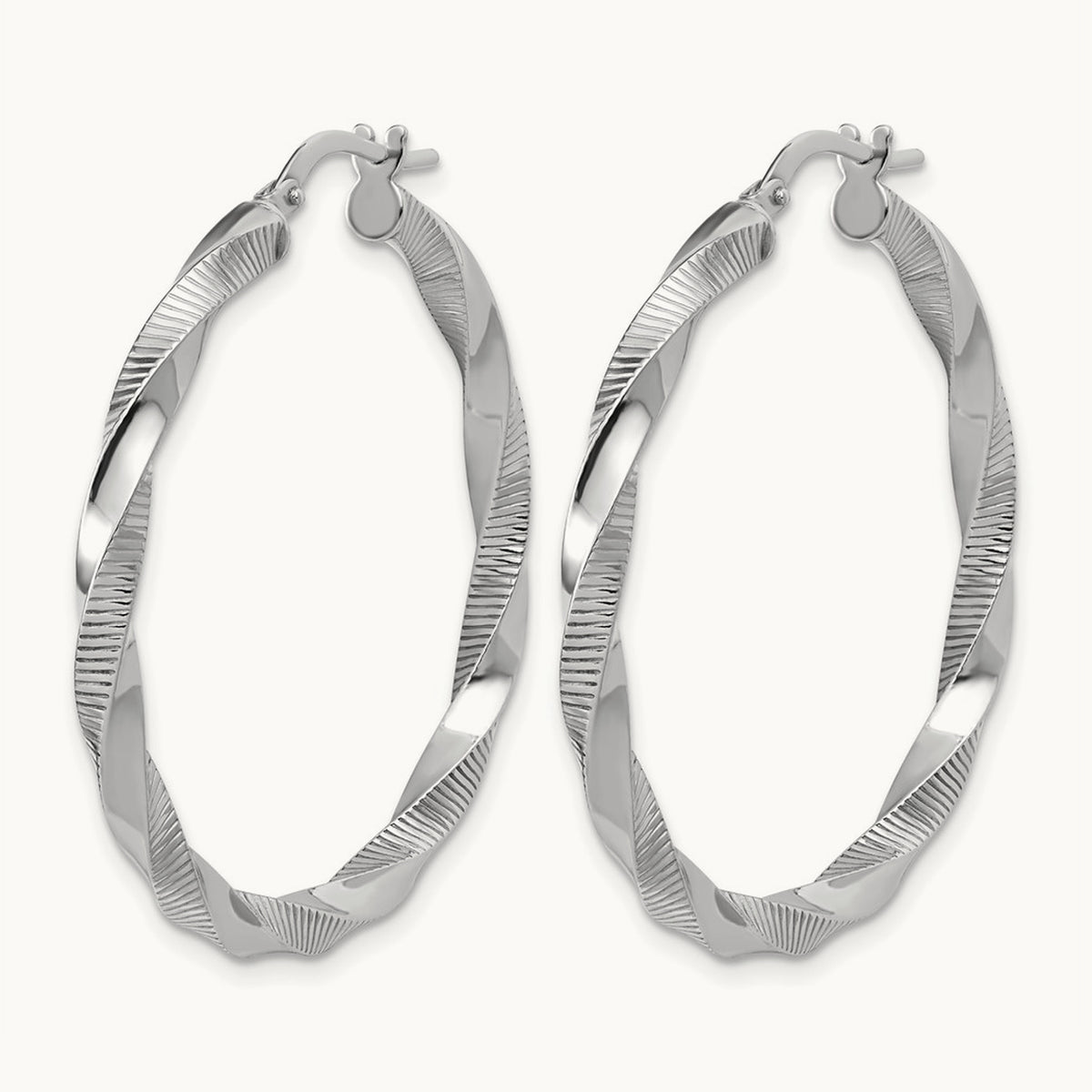 Rhodium-plated Twisted Textured Hoop Earrings — 38mm