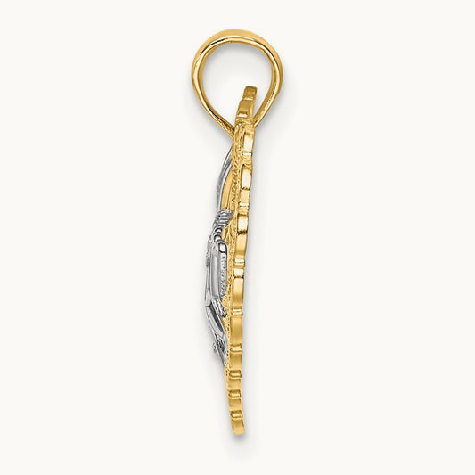 w/Rhodium Cut-Out MOM In Scallop Heart Charm, 14K