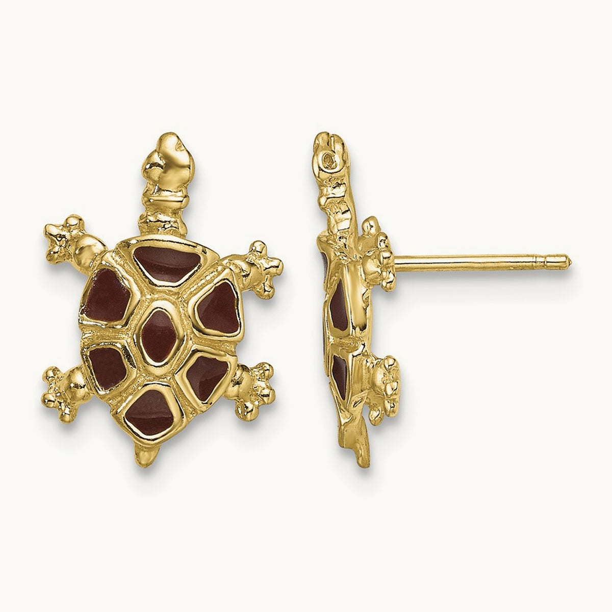 w/ Brown Enamel Tortoise Post Earrings, 14K