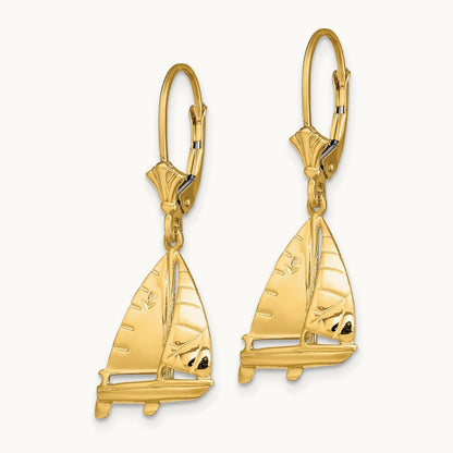 3-D Sailboat Leverback Earrings, 14K